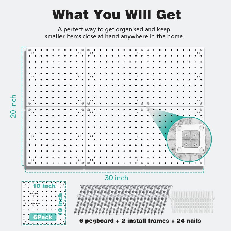 BOLUTDIF 6Pcs Peg board  Pegboard Wall Organizer Panels  Wall Mount Display Small Pegboard Kits  Pegboard  Peg Boards for Wall Craft Room  for Kitchen  Garage  Workshop  Tool Accessories - White Pegboard - Image 2